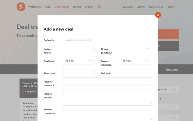 An image of Sønr's deal tracker that we built in collaboration with Tokio Marine.